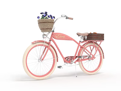 Vintage Pink Bicycle With Wicker Basket Purple Flowers And Rear Wooden Crate 3d model