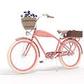 Vintage Pink Bicycle With Wicker Basket Purple Flowers And Rear Wooden Crate
