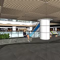 Modern Shopping Mall Interior With Blue Escalators White Columns And Glass Railings