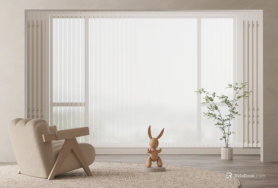 Modern Interior With Venetian Blinds Covering Large Window Beige Armchair Rabbit Figurine And Potted Plant 3d model 