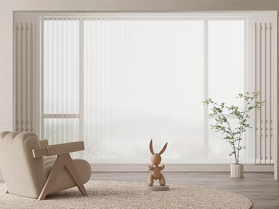 Modern Interior With Venetian Blinds Covering Large Window Beige Armchair Rabbit Figurine And Potted Plant 3d model