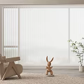 Modern Interior With Venetian Blinds Covering Large Window Beige Armchair Rabbit Figurine And Potted Plant