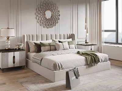 Modern Bedroom Interior With Upholstered Double Bed Plush Pillows Cozy Blanket And Decorative Mirror 3d model