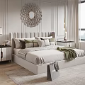 Modern Bedroom Interior With Upholstered Double Bed Plush Pillows Cozy Blanket And Decorative Mirror