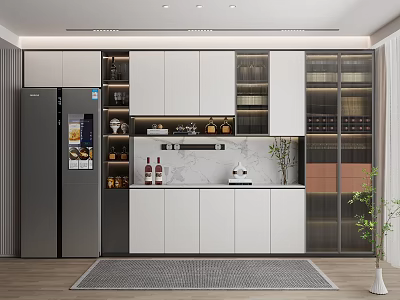 Modern Kitchen With Stylish Wine Cabinet Glass Doors White Cabinets And Marble Countertop 3d model
