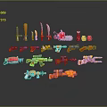 3D Rendered Colorful Toy Weapons Including Guns Knives Hammers With Different Colors And Dark Background