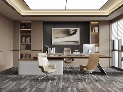 Modern Office Interior with Desk Comfortable Chairs Bookshelves Artwork Skylight Blinds Gray Striped Carpet 3d model