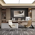 Modern Office Interior with Desk Comfortable Chairs Bookshelves Artwork Skylight Blinds Gray Striped Carpet