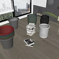Colorful Household Waste Baskets on Wooden Floor With Stacked Magazines and Window Blinds