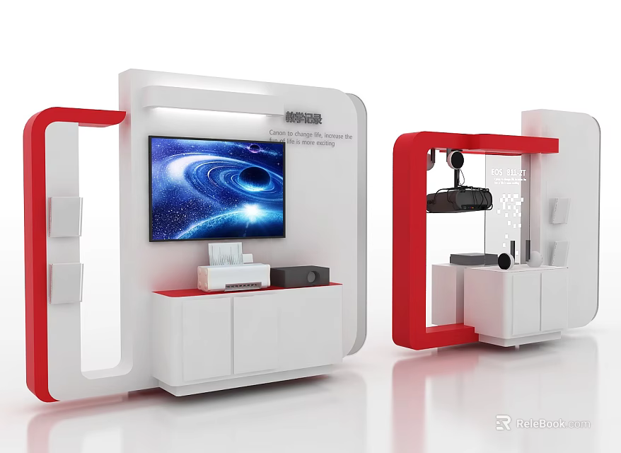 Modern Red and White Display Shelves Design With TV Audio Equipment Storage Compartments 3d model 