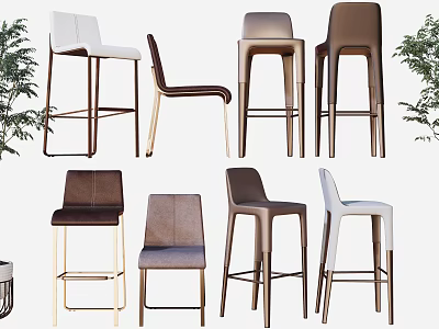 Modern Bar Stools In Various Designs With Neutral Tones Leather Upholstery And Metal Legs 3d model