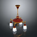Red And Gold Chandelier With White Glass Shades And Decorative Design