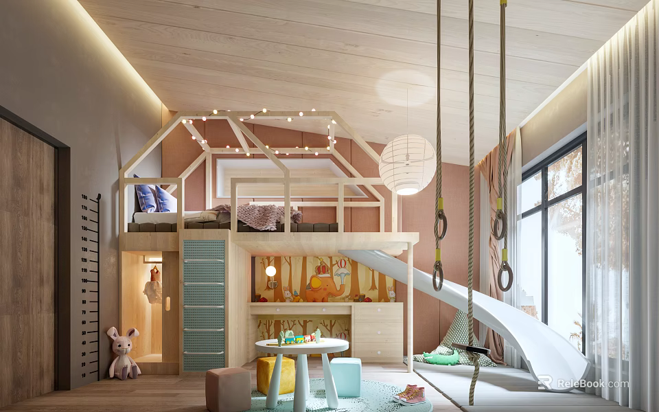 Kids Room With Loft Bed Swing Slide Wooden Structure String Lights And Pastel Play Area 3d model 