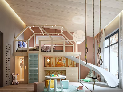 Kids Room With Loft Bed Swing Slide Wooden Structure String Lights And Pastel Play Area 3d model