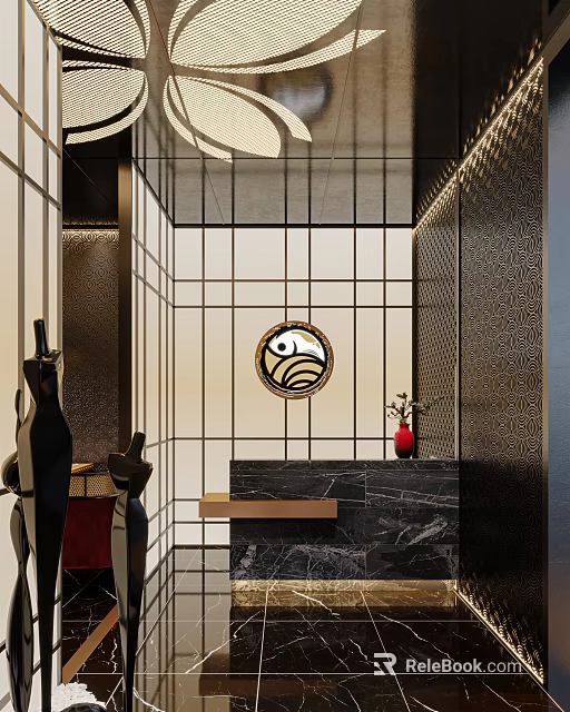 Modern Store Front Desk Design With Grid Screen Decorative Fish Art And Marble Countertop 3d model 