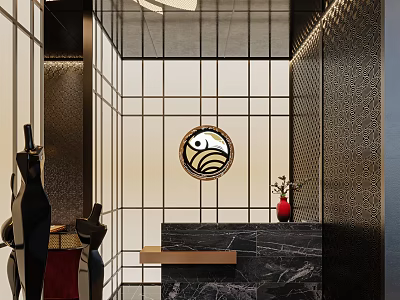 Modern Store Front Desk Design With Grid Screen Decorative Fish Art And Marble Countertop 3d model