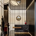 Modern Store Front Desk Design With Grid Screen Decorative Fish Art And Marble Countertop