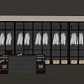 Elegant Modern Walk in Closet Interior With Hanging White Shirts And Glass Door Cabinets