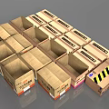 Open And Closed Cardboard Boxes With Warning Labels And Various Colored Bases 3d model