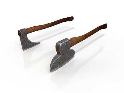 Traditional Axes as Weapons with Metal Heads and Wooden Handles on White Background 3d model