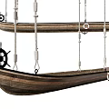 Wooden Boat Shaped Hanging Decoration With Rope And Steering Wheel Ornament
