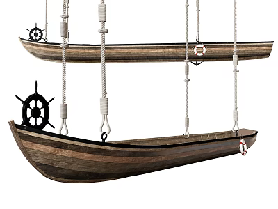 Wooden Boat Shaped Hanging Decoration With Rope And Steering Wheel Ornament 3d model