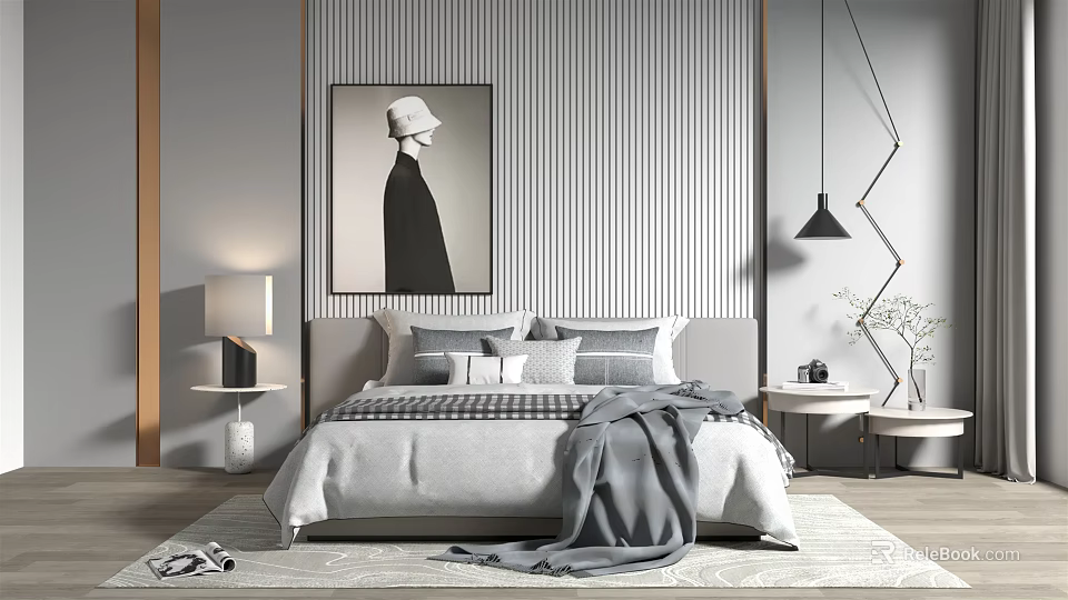 Background Double Bed in Modern Bedroom with Striped Wall Gray Bedding and Framed Artwork 3d model 