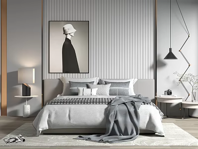 Background Double Bed in Modern Bedroom with Striped Wall Gray Bedding and Framed Artwork 3d model