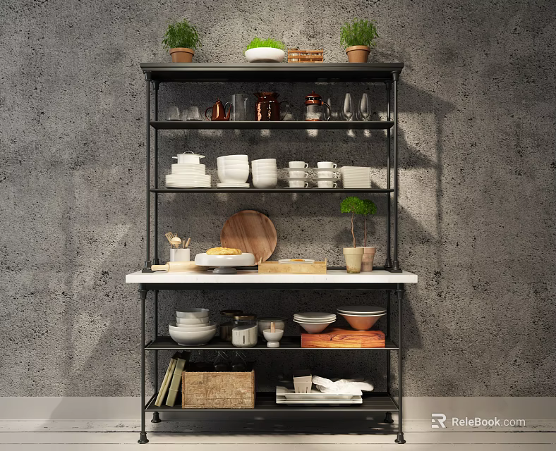 Modern Storage Shelf in Kitchen with Potted Plants Dishes Cups And Cutting Board 3d model 