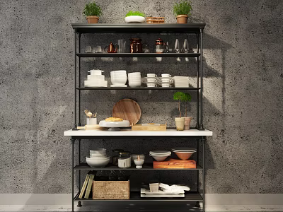 Modern Storage Shelf in Kitchen with Potted Plants Dishes Cups And Cutting Board 3d model