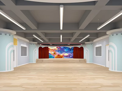 Spacious Fitness Studio With Wooden Floor Gray Ceiling And Colorful Mural Stage Red Curtains 3d model