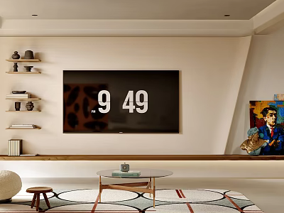 Modern Living Room Interior Design With Large TV Shelves Decorative Items Coffee Table And Rug 3d model