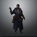Man in Detailed Blue Long Robe with Waist Pouches Holding Green Object Against Plain Background
