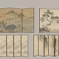 New Chinese Style Screen Partition Folding Screen Decorative Painting Wallpaper Silent Wind Screen Rattan Screen 3d model