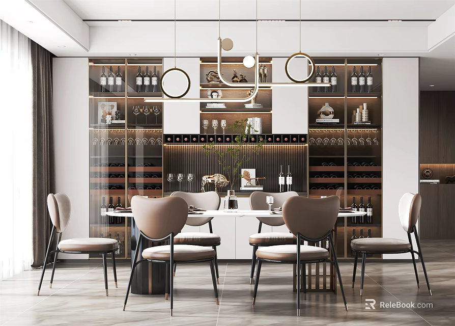 Modern Elegant Restaurant Interior With Dining Table Chairs Wine Racks And Hanging Lights 3d model 