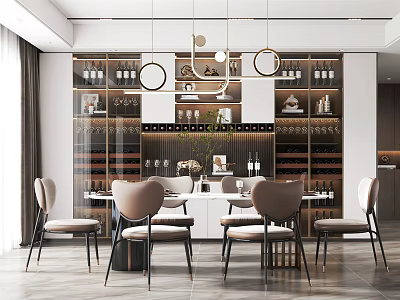 Modern Elegant Restaurant Interior With Dining Table Chairs Wine Racks And Hanging Lights 3d model
