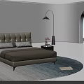 Modern Double Bed With Beige Upholstered Headboard Nightstand Floor Lamp Sea View Rug And Book On Rug