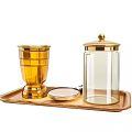 Wooden Tray With Striped Gold Cup Transparent Glass Jar Gold Lid And Metal Plate
