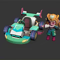Cartoon Character With Blonde Hair By Turquoise Go Kart With Pink Spoiler And Purple Wheels