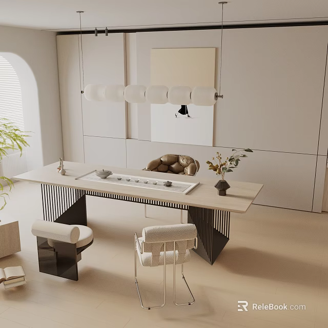 Modern Tea Room Interior Featuring Stylish Tea Table Comfortable Chairs And Decorative Plants 3d model