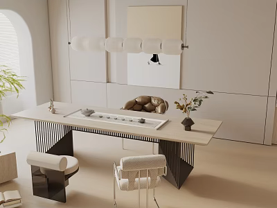 Modern Tea Room Interior Featuring Stylish Tea Table Comfortable Chairs And Decorative Plants 3d model