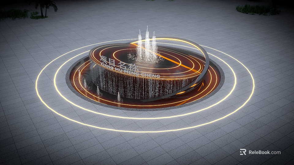Circular Fountain With Ring Lights And Water Curtain On Paved Ground At Night 3d model 