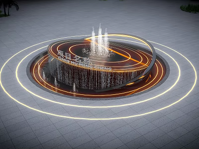Circular Fountain With Ring Lights And Water Curtain On Paved Ground At Night 3d model
