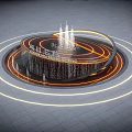 Circular Fountain With Ring Lights And Water Curtain On Paved Ground At Night