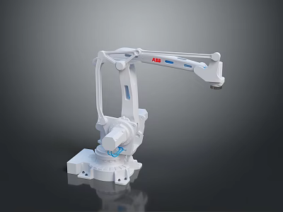 White ABB Industrial Robot Arm With Multiple Joints And Blue Base Details 3d model