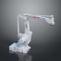 White ABB Industrial Robot Arm With Multiple Joints And Blue Base Details