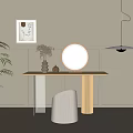 Modern Dressing Table with Round Mirror Woven Stool and Decorative Painting in Light Room