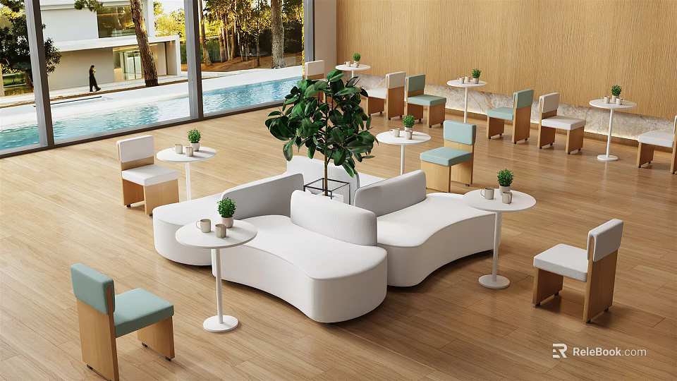Modern Public Chairs With Curved White Design Small Round Tables Green Plants And Wooden Floor 3d model 