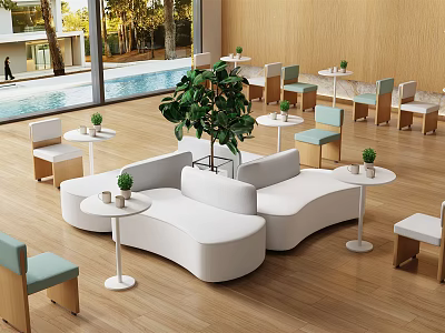 Modern Public Chairs With Curved White Design Small Round Tables Green Plants And Wooden Floor 3d model