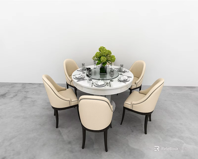 Modern Round Dining Table Set With Beige Chairs Green Bouquet And Tableware 3d model